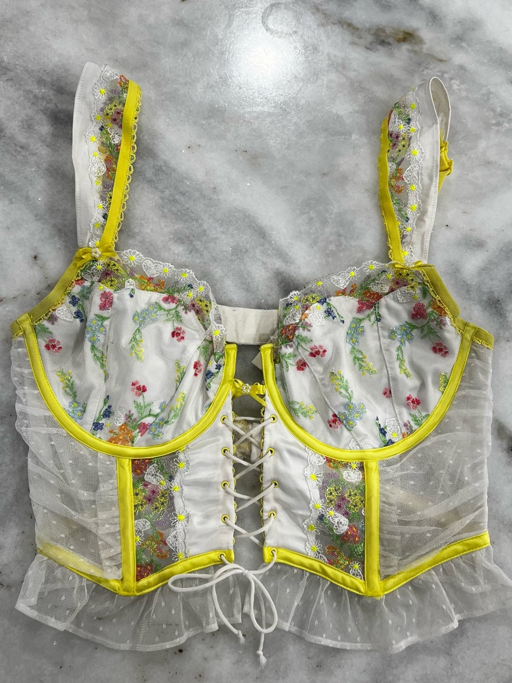 For Love & Lemons White Sheer Floral Lace-Up Bustier with Yellow Trim